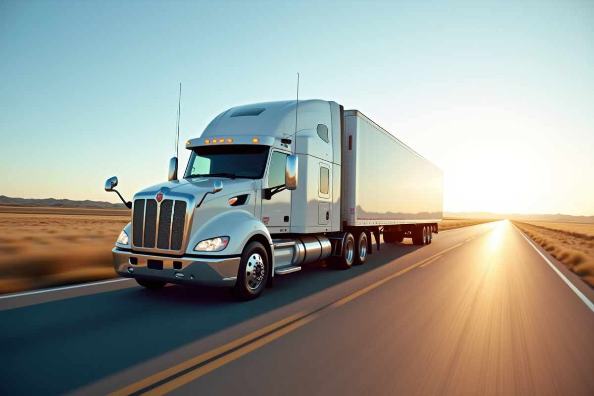 Camion 33 tonnes en mouvement sur une route large sous un soleil brillant