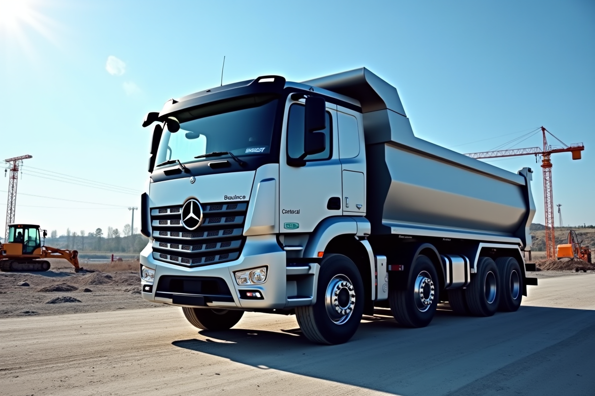 Camion benne neuf sur un chantier moderne en plein jour