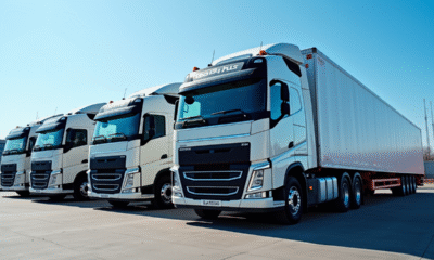 Ligne de camions puissants 33 tonnes dans une cour logistique ensoleillée