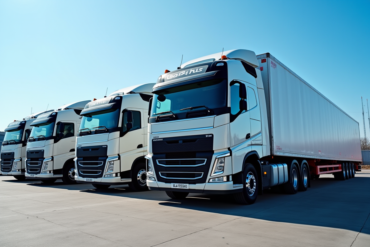 Ligne de camions puissants 33 tonnes dans une cour logistique ensoleillée
