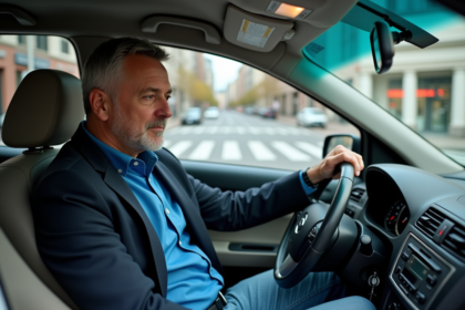 Taxi urbain avec chauffeur homme en bleu