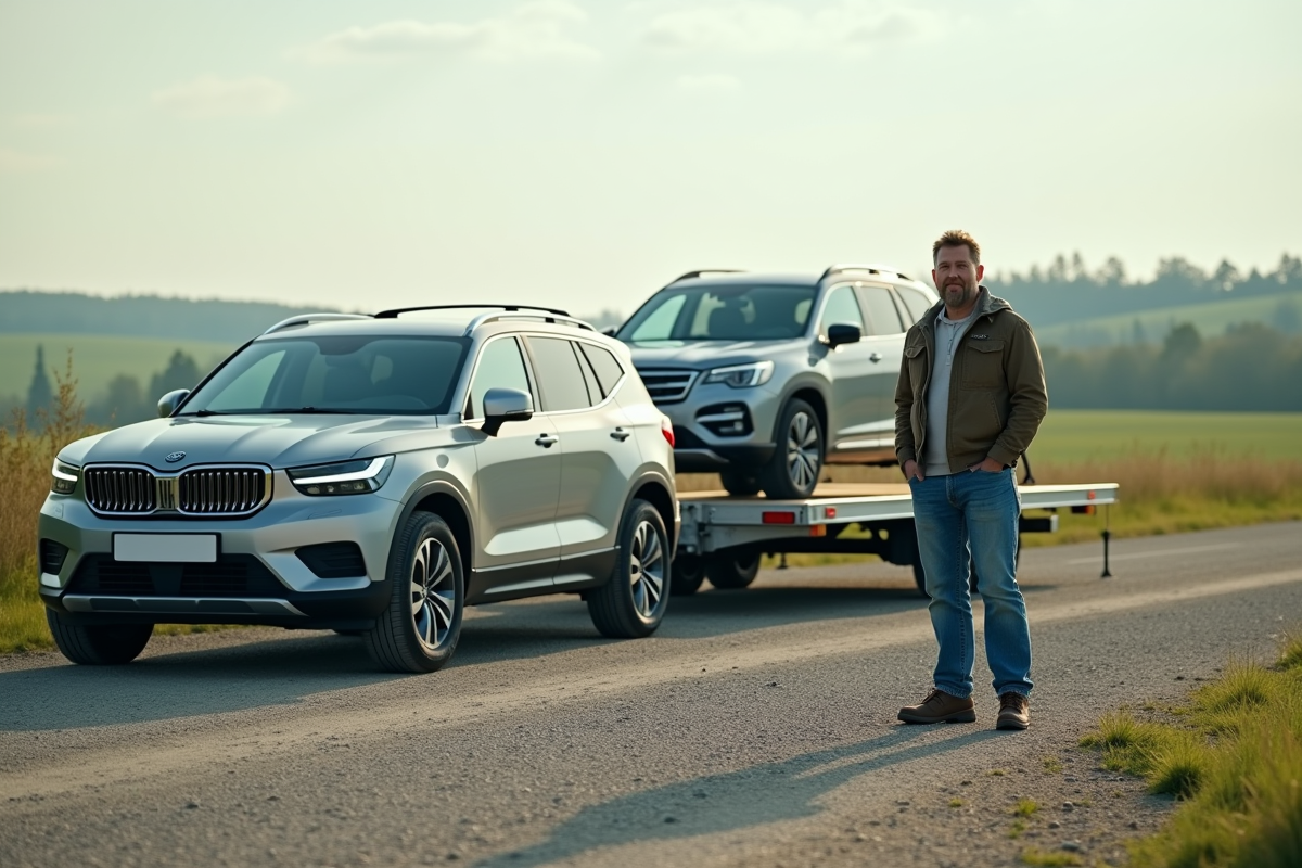 Homme conducteur debout à côté d'un SUV connecté à une remorque en campagne