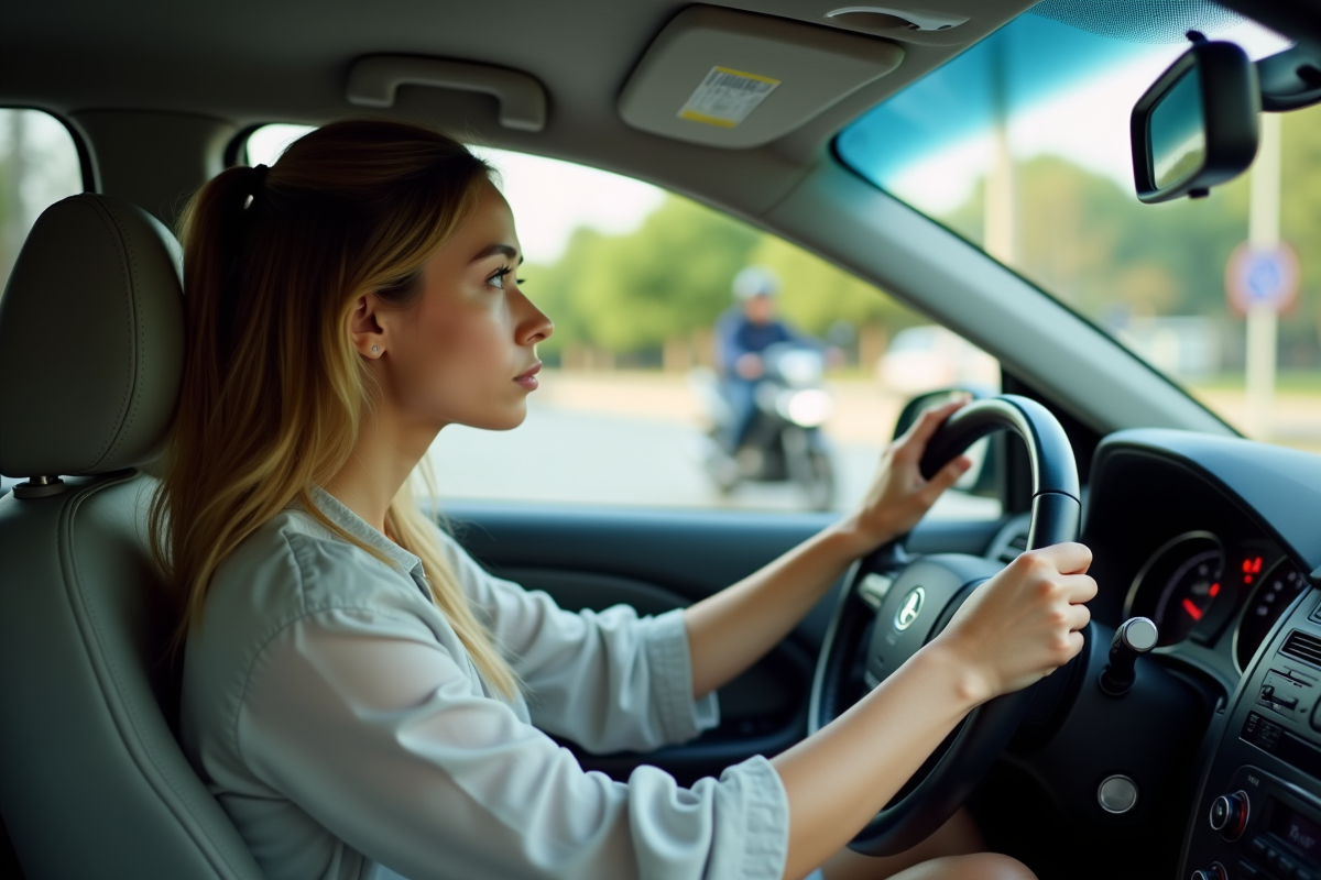 Jeune femme vérifiant son miroir avant un virage