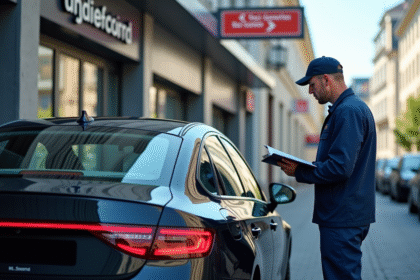 Voiture devant centre de controle technique avec mecanicien et conducteur