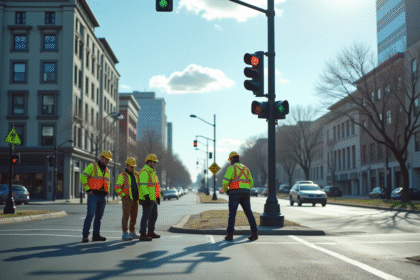 Travailleurs vérifiant les feux de circulation en ville