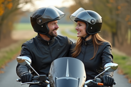 Homme et femme en moto sur route rurale avec arbres