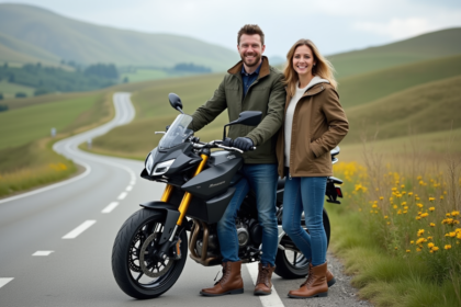 Couple souriant en moto sur route de campagne