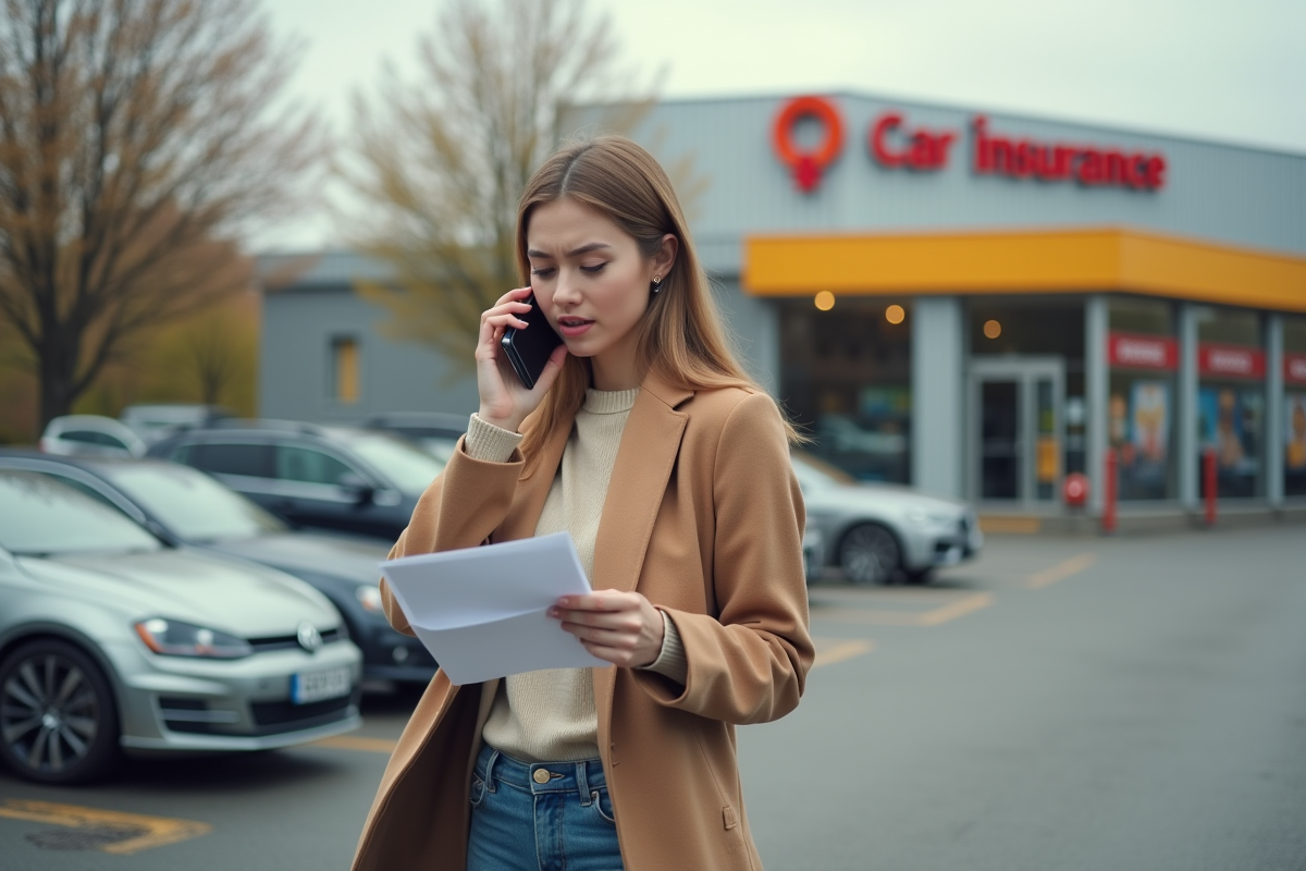 Jeune femme parlant au téléphone devant une agence d