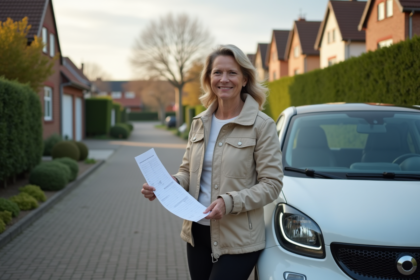 Femme souriante vérifiant documents d'assurance voiture en banlieue