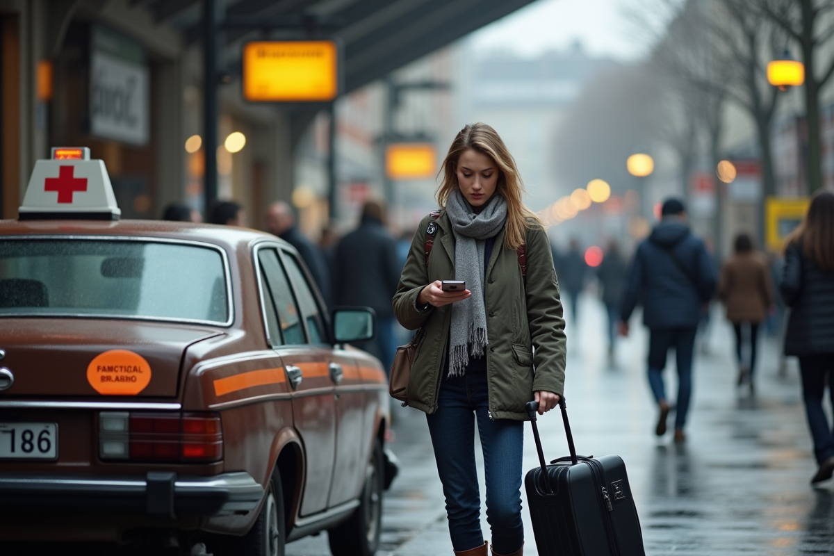 Jeune femme attendant un taxi à la gare belge avec valise