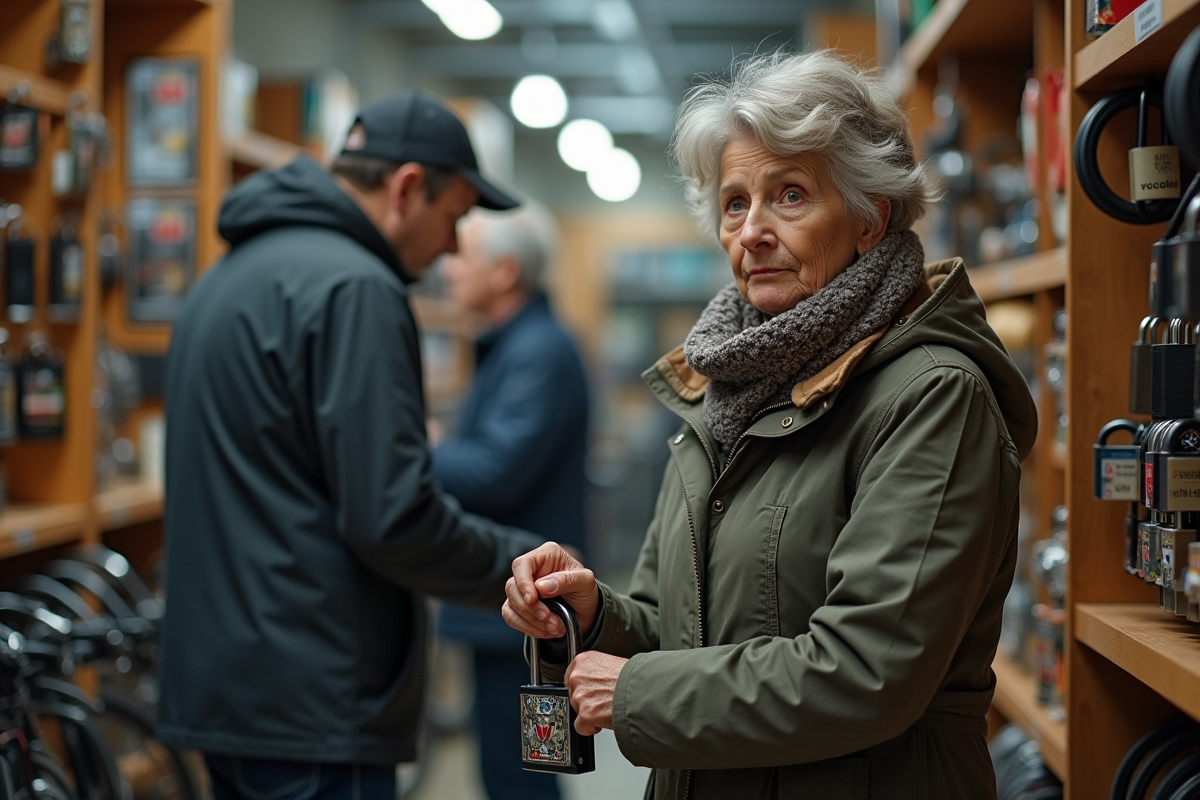 Femme choisissant un cadenas dans un magasin de vélo