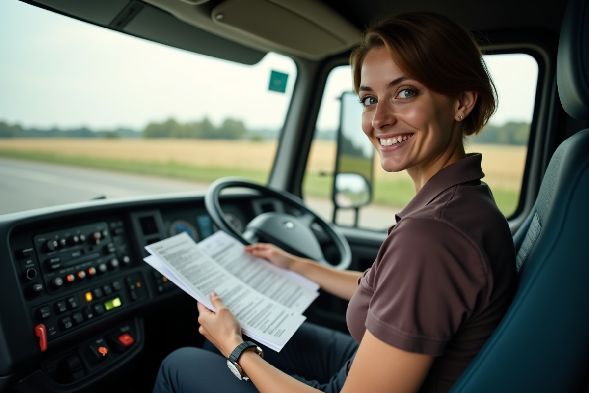 Jeune femme dans la cabine de camion en étude