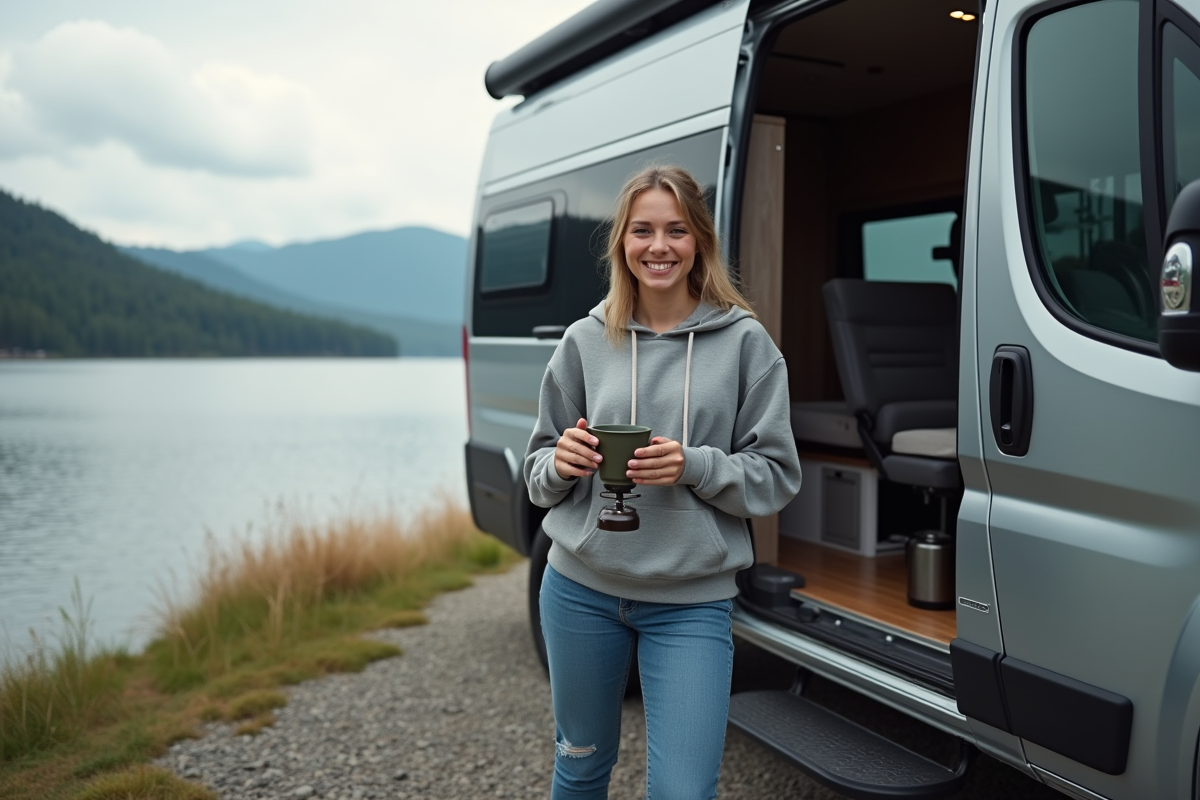 Femme souriante préparant du café près d’un van au bord du lac