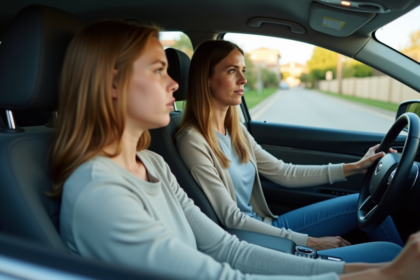 Femme en jeans coaching un jeune conducteur dans la voiture