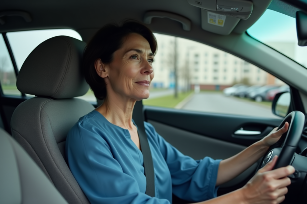 Femme d'âge moyen conduisant en toute sécurité dans une voiture moderne