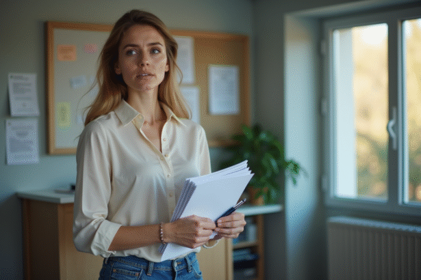 Femme réfléchissant avec documents dans un bureau français