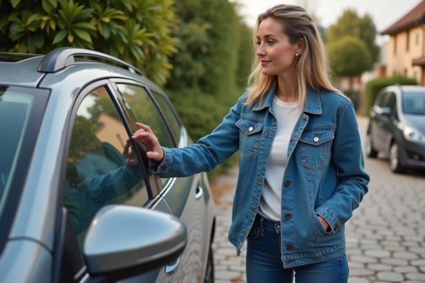 Femme inspectant la surface d'une voiture grise en extérieur