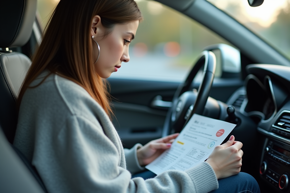 Jeune femme lisant les instructions dans sa voiture