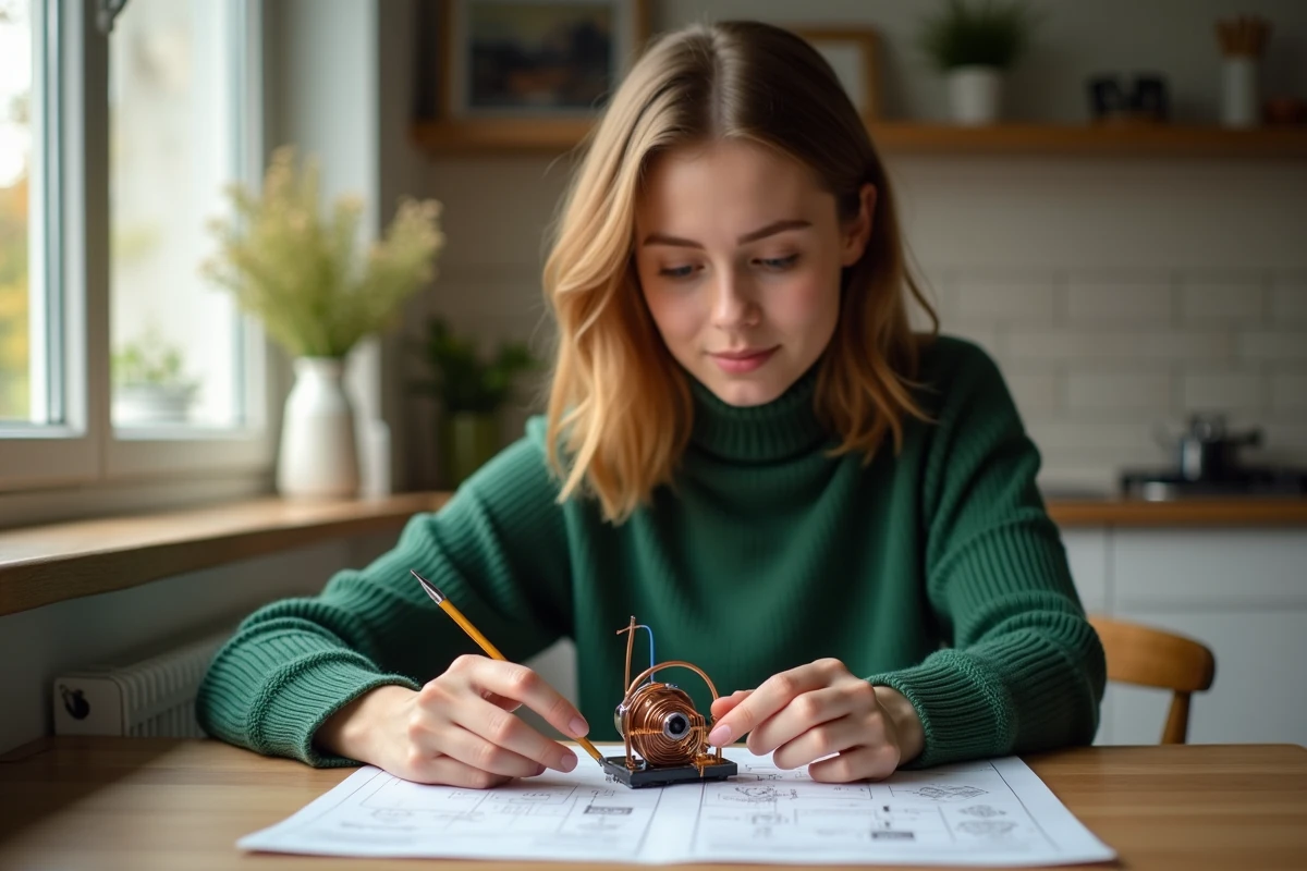 Jeune femme tient moteur fait maison en schematique dans cuisine