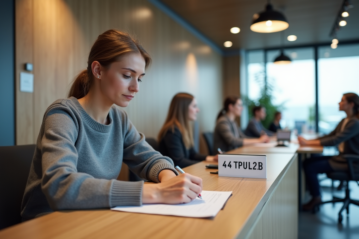 Jeune femme remplissant papier dans un bureau administratif norvegien