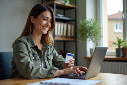 Femme souriante avec permis de conduire dans un bureau moderne
