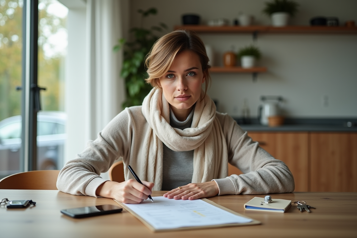 Femme jeune remplissant papiers dans une cuisine lumineuse
