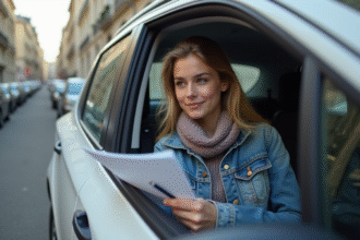 Jeune femme parisienne dans sa voiture en ville