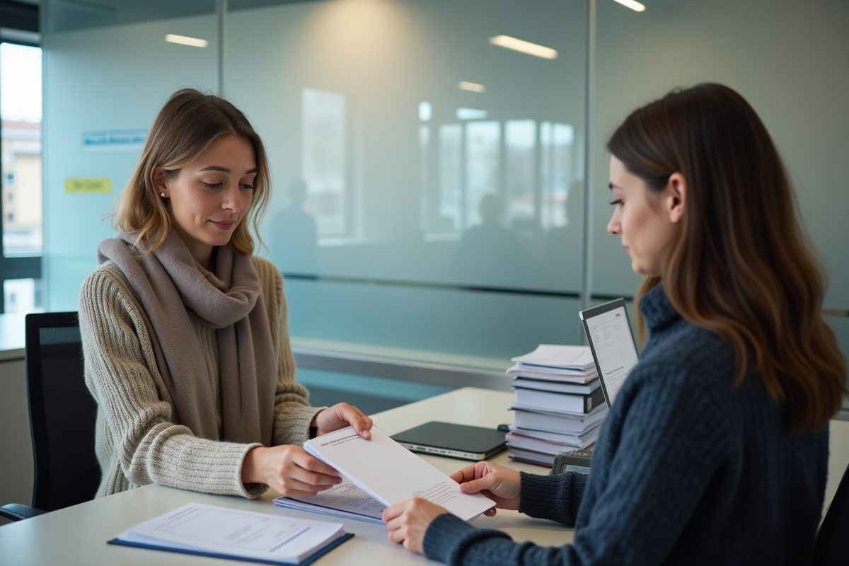 Jeune femme remet un dossier à un agent à la mairie