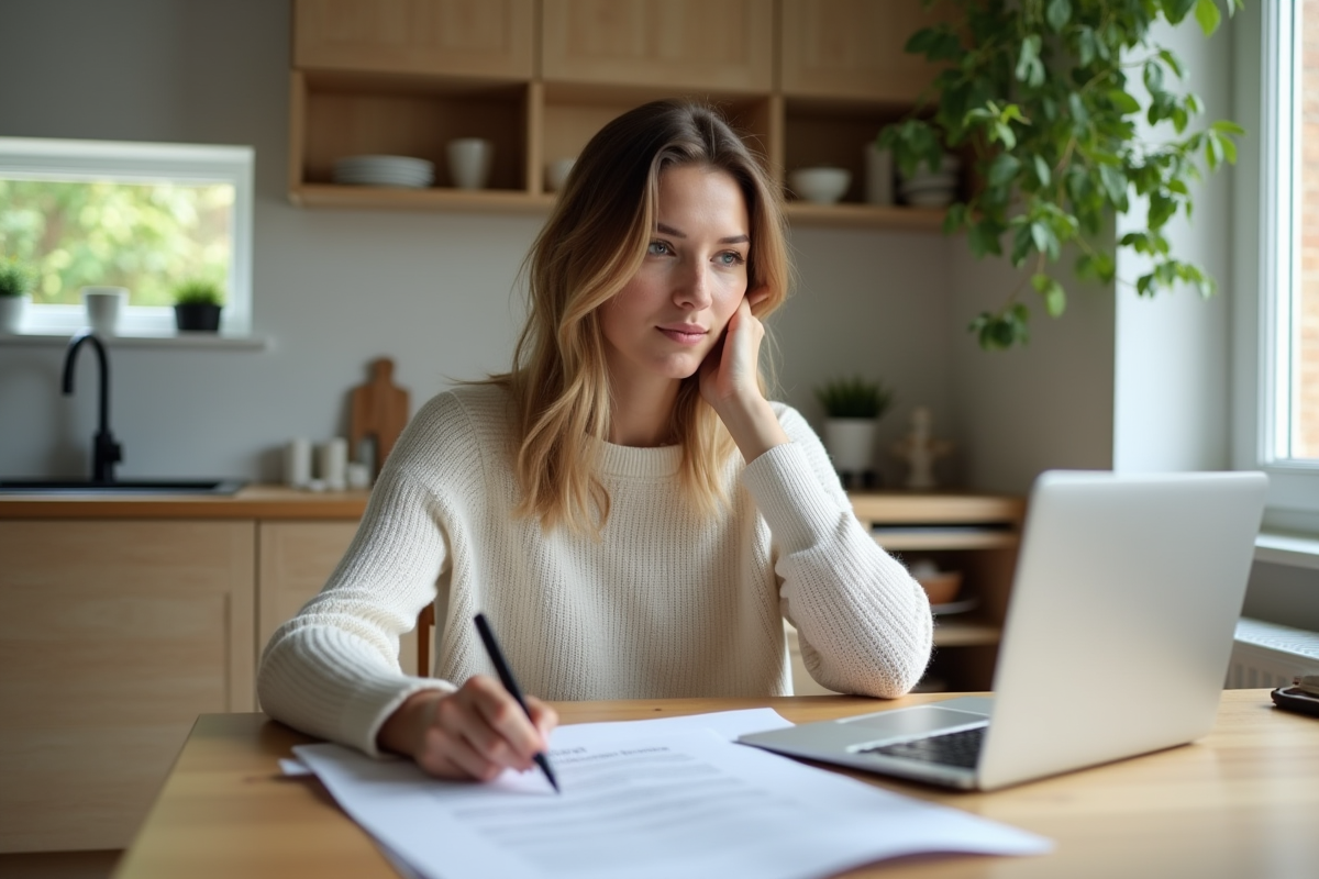 Femme réfléchissant à ses documents d'assurance à la maison