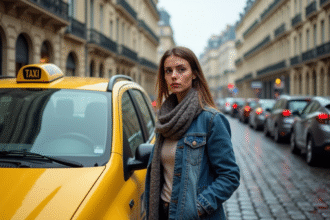 Femme sceptique devant un taxi parisien sous la pluie