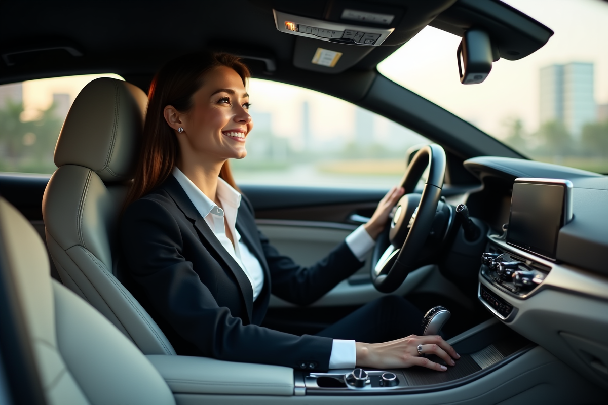Femme en blazer dans une voiture en ville