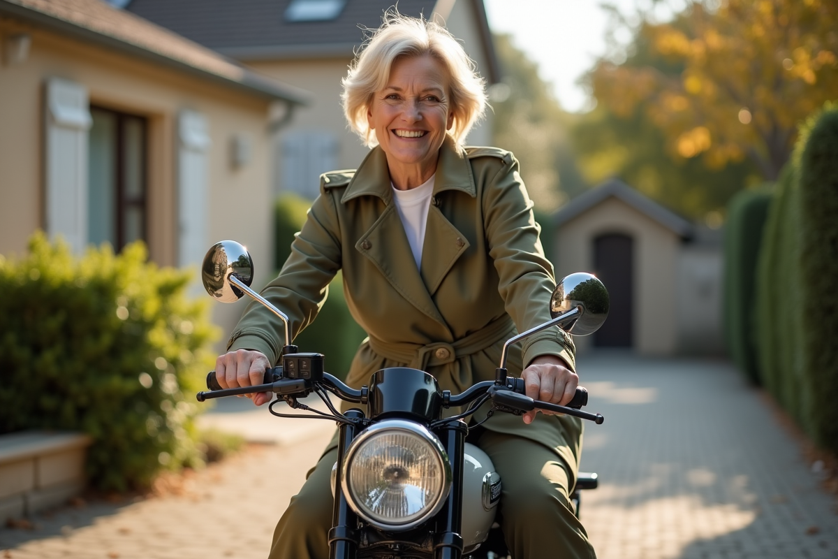 Femme souriante assise sur une Honda Dax dans une rue résidentielle