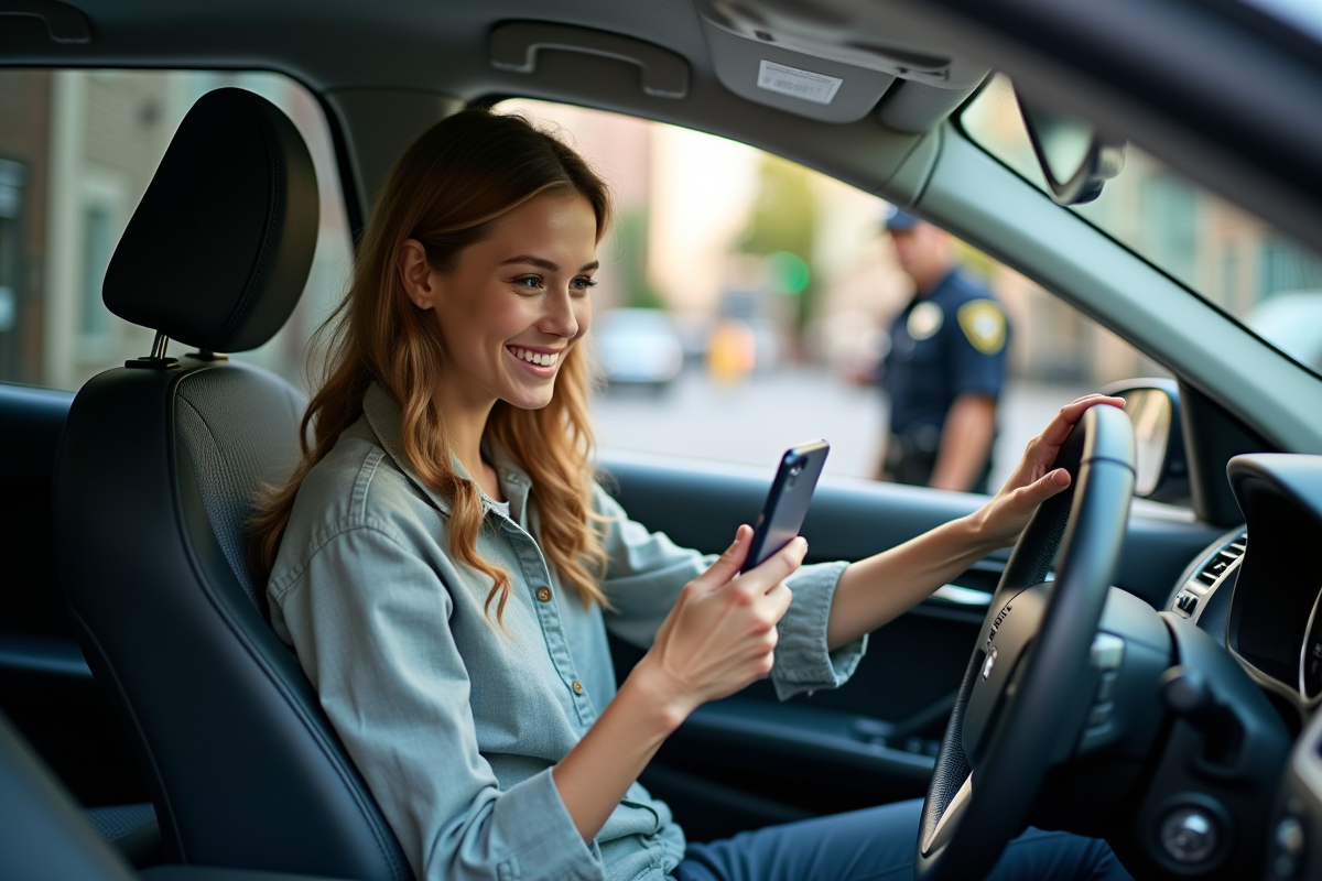 Jeune femme souriante montre un document à un policier dans la voiture