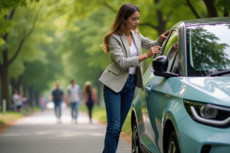 Femme vérifiant le tableau de bord d'une voiture écologique en parc urbain