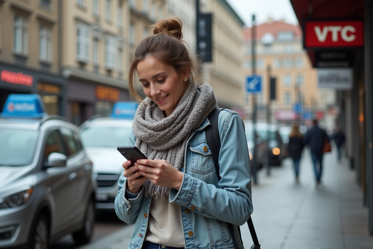 Femme en jean comparant les tarifs VTC dans la rue