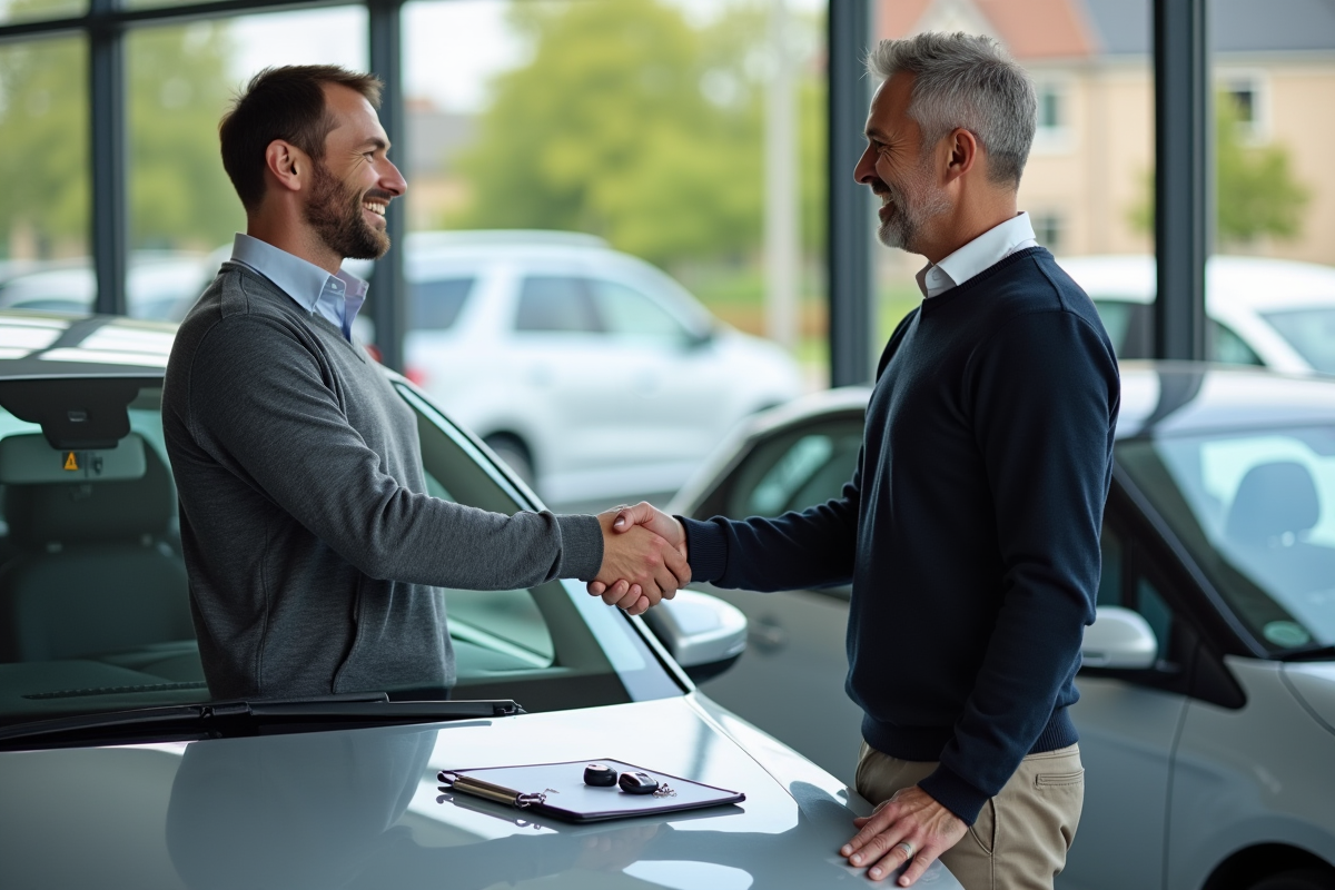 Homme d age moyen achetant une voiture chez le concessionnaire