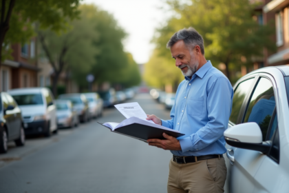Homme d'âge moyen vérifiant ses papiers d'assurance voiture en extérieur