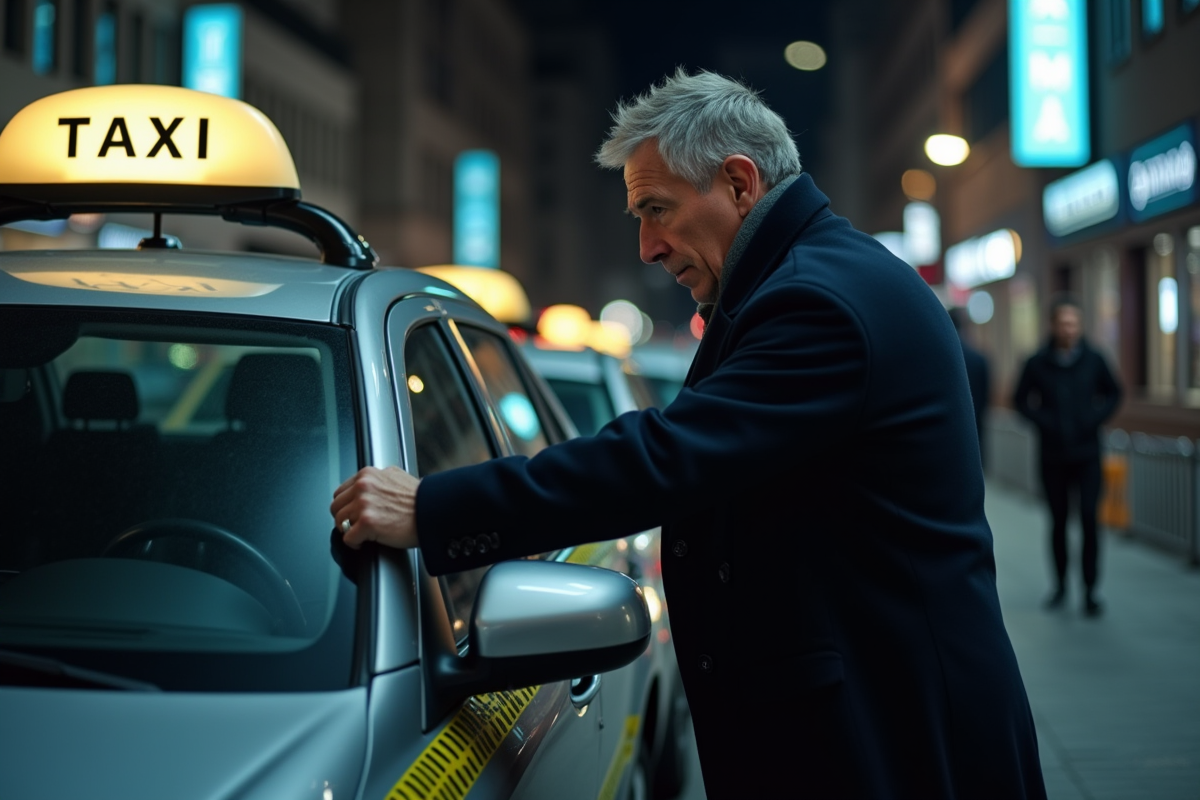 Homme incertain atteignant la porte d’un taxi la nuit