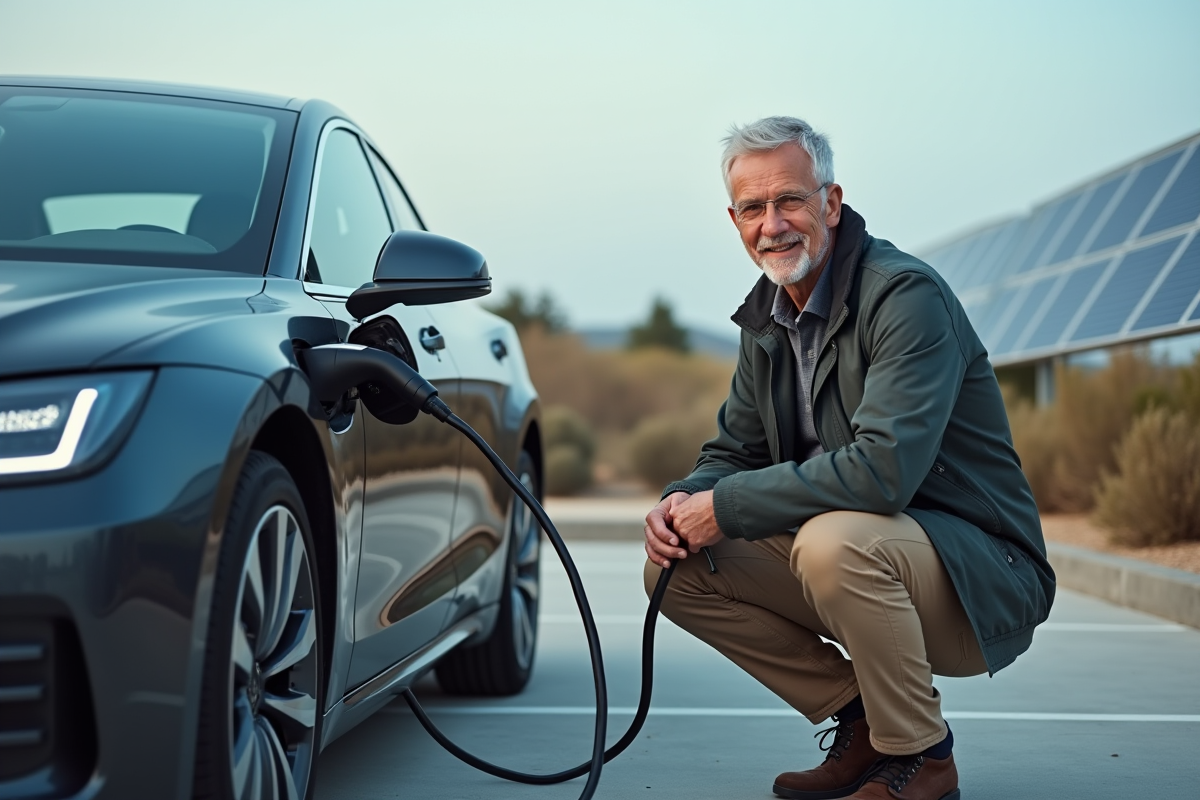 Homme branchant sa voiture électrique dans une station de recharge