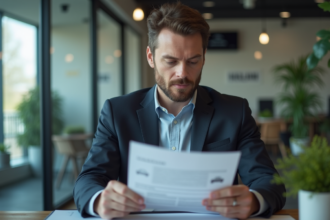 Homme en tenue smart casual lisant une police d'assurance voiture