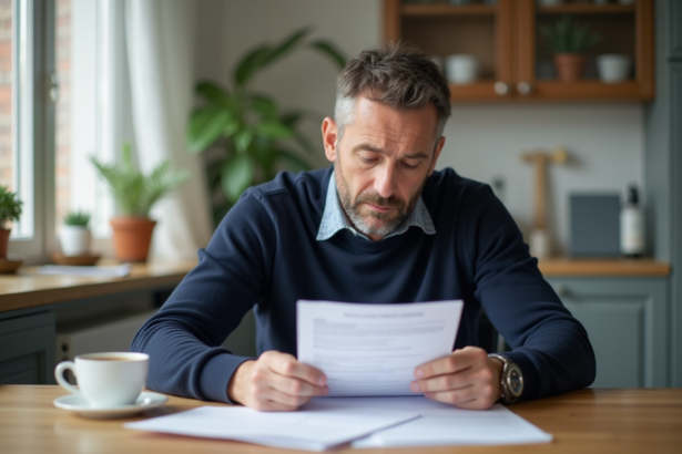 Homme d'âge moyen lisant documents d'assurance voiture à la maison
