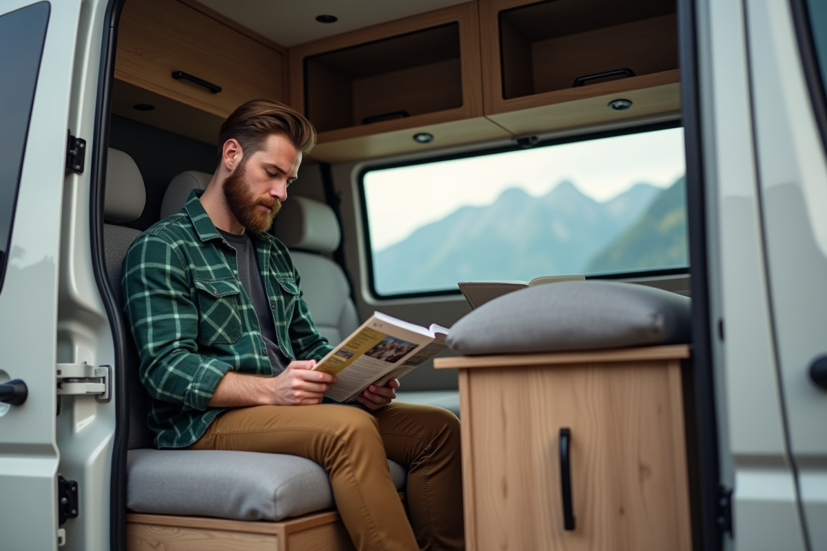 Homme lisant un guide dans l’intérieur d’un van moderne