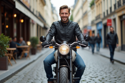 Homme souriant en moto dans une rue parisienne