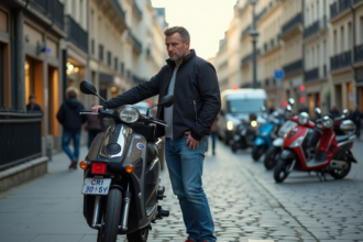 Homme inquiet à côté de sa moto sur un trottoir parisien