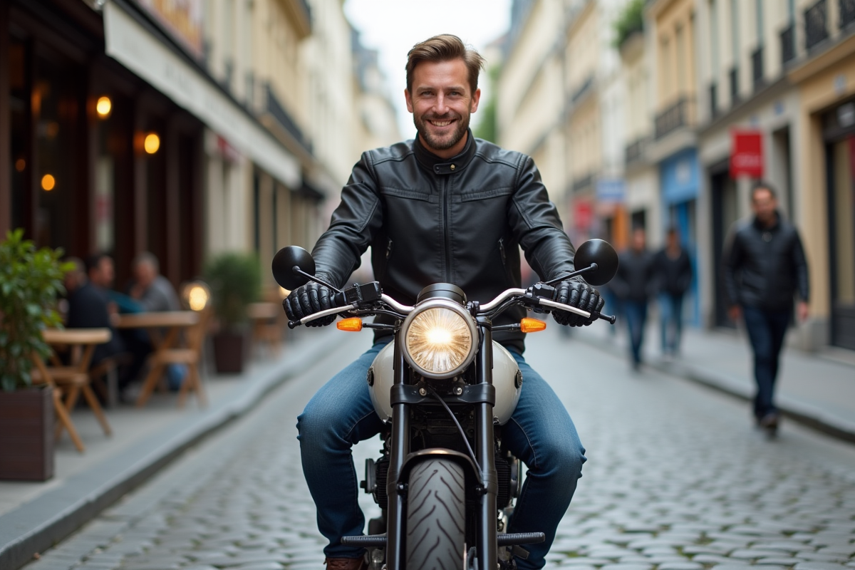 Homme souriant en moto dans une rue parisienne