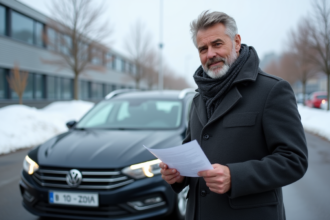 Homme norvegien vérifiant documents près d'une voiture importée