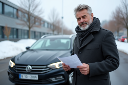 Homme norvegien vérifiant documents près d'une voiture importée