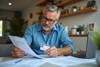 Homme d'âge moyen organise documents et carte d'identité