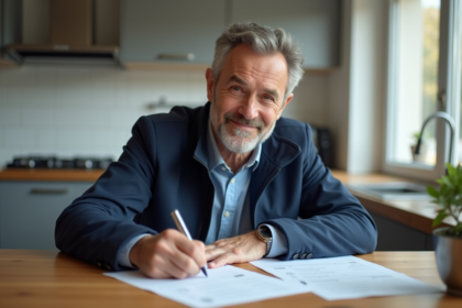 Homme d'âge moyen remplissant papiers d'immatriculation dans une cuisine