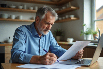 Homme d'âge moyen remplissant des papiers dans une cuisine moderne